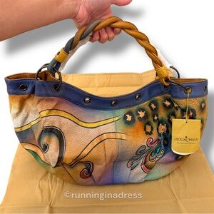 NWT Anuschka Hand Painted Leather Large Hobo Bag Peacock Feather Butterfly